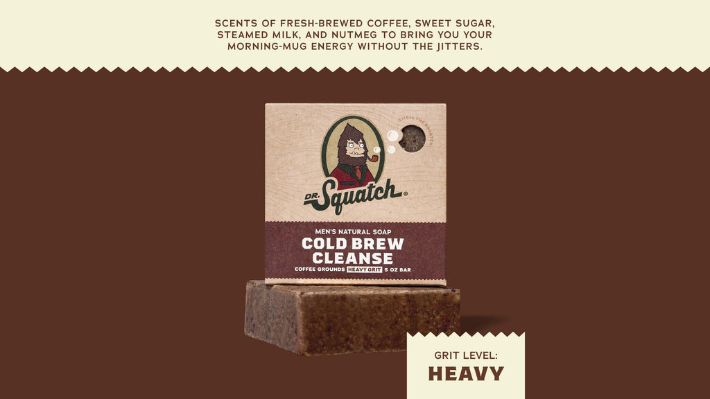 Brand and ingredient story panel for Dr. Squatch Cold Brew Cleanse bar soap