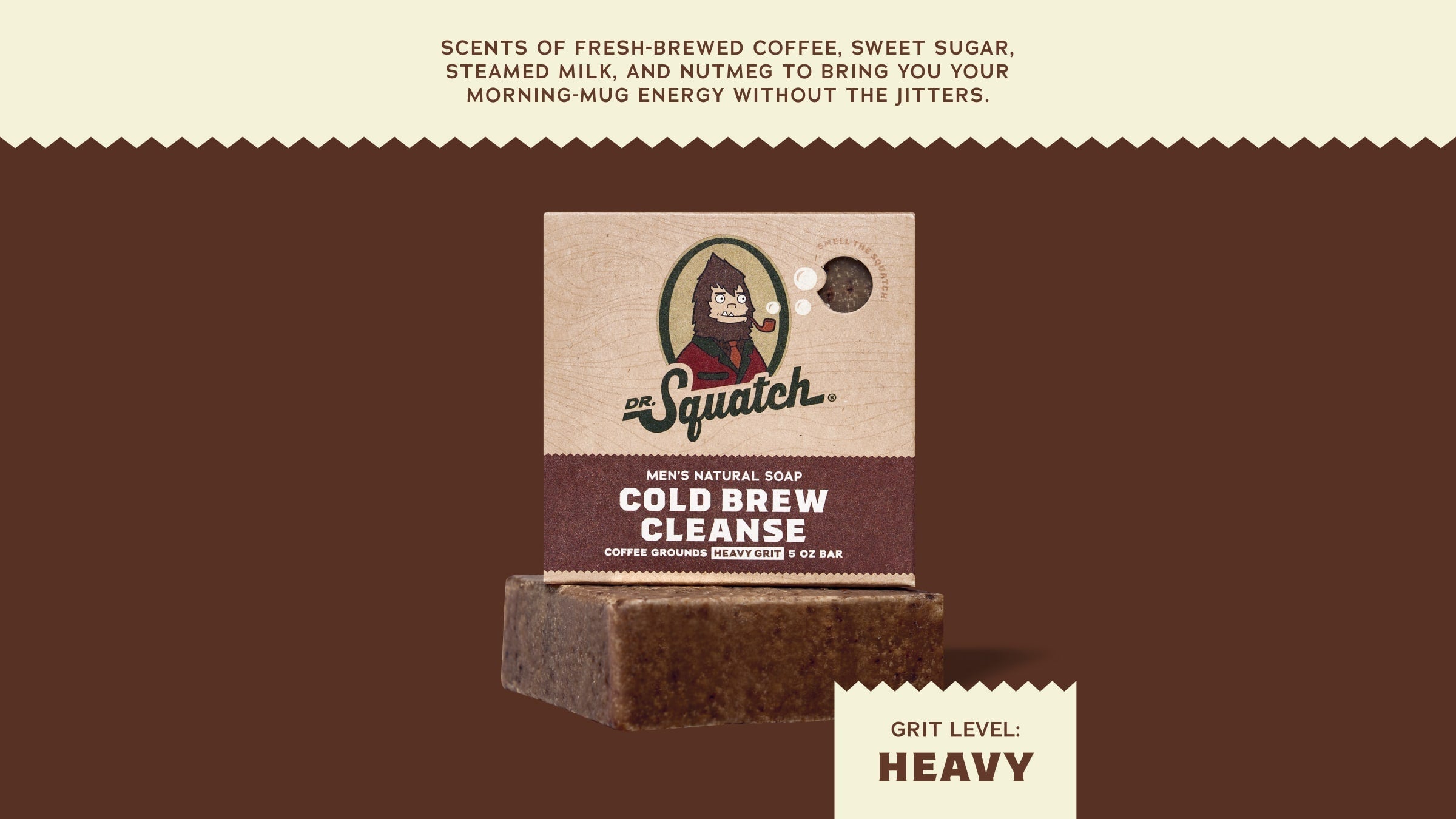 Brand and ingredient story panel for Dr. Squatch Cold Brew Cleanse bar soap