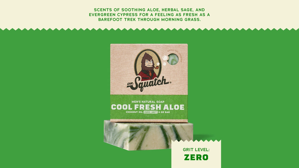 Brand and ingredient story panel for Dr. Squatch Cool Fresh Aloe bar soap