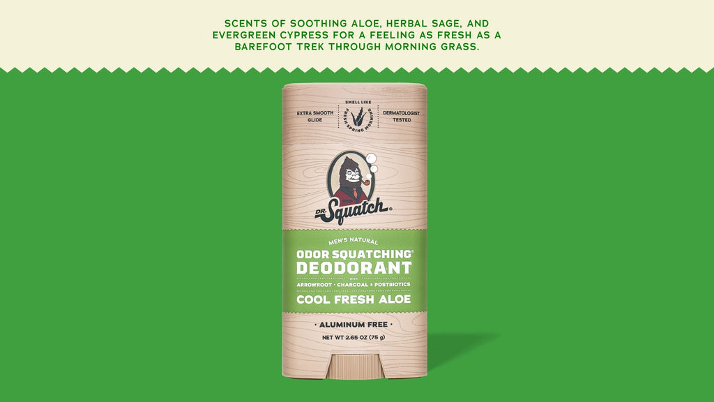 Brand and ingredient story panel for Dr. Squatch Cool Fresh Aloe Deodorant