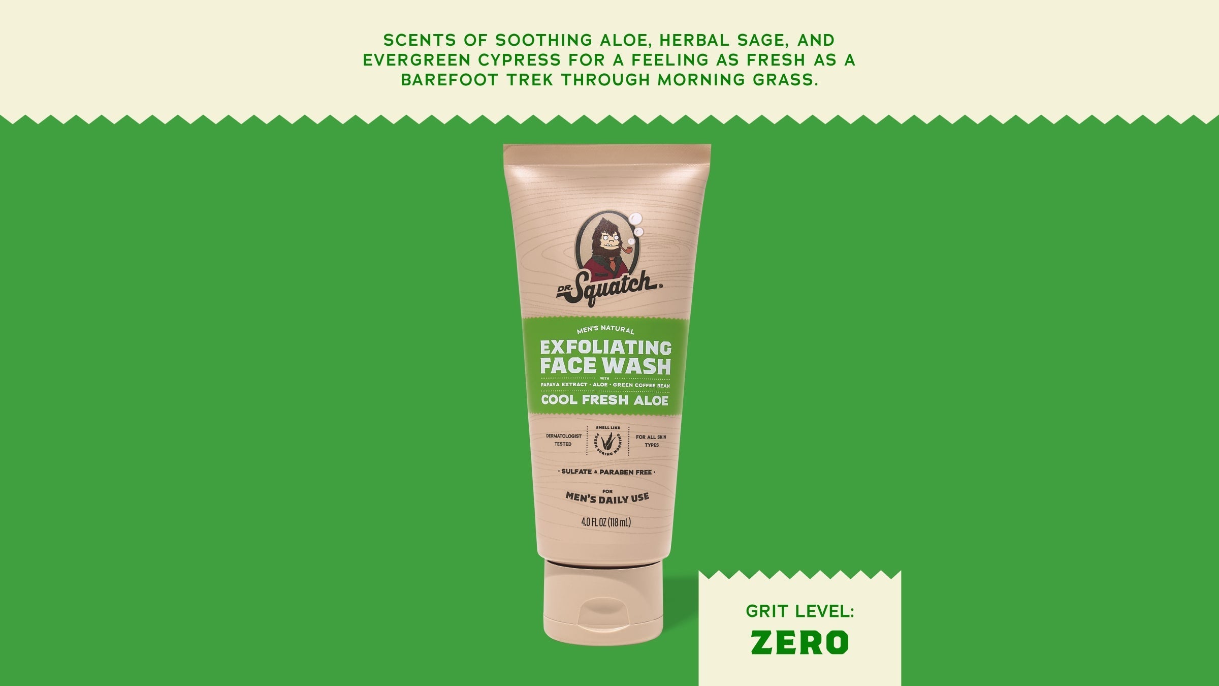Brand and ingredient story panel for Dr. Squatch Cool Fresh Aloe Exfoliating Face Wash