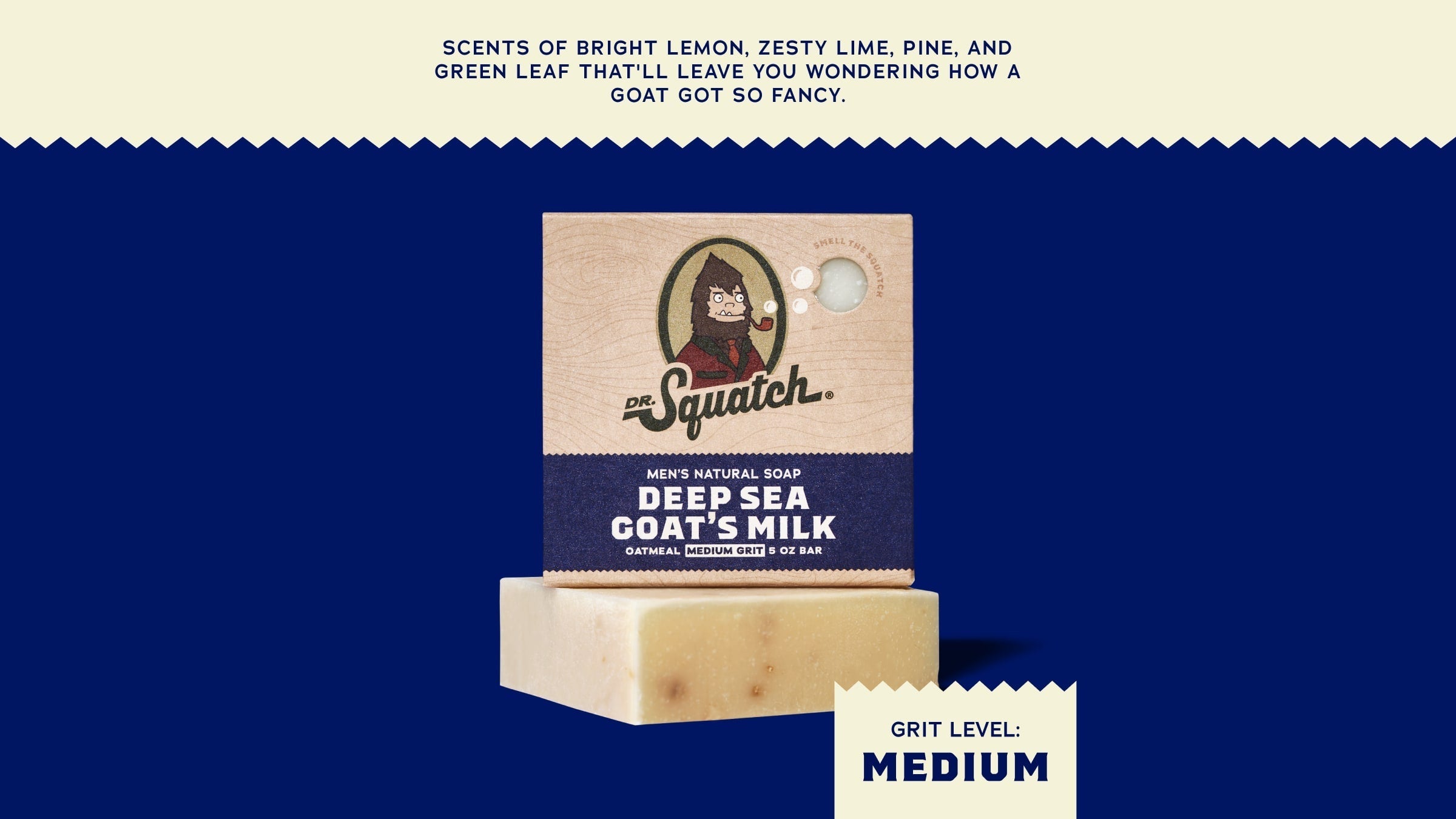 Brand and ingredient story panel for Dr. Squatch Deep Sea Goats Milk bar soap