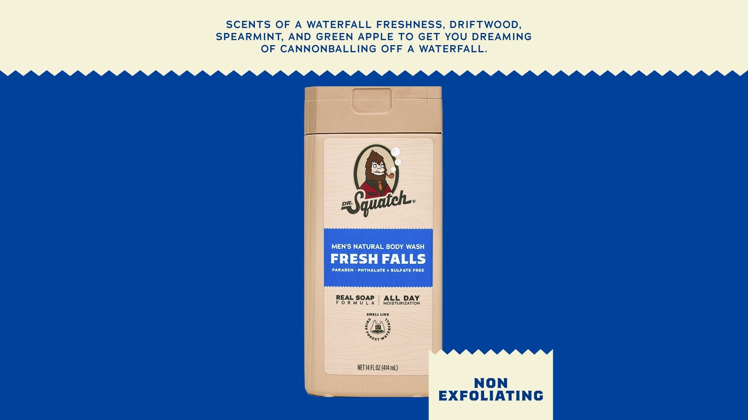 Brand and ingredient story panel for Dr. Squatch 14 oz Fresh Falls Body Wash