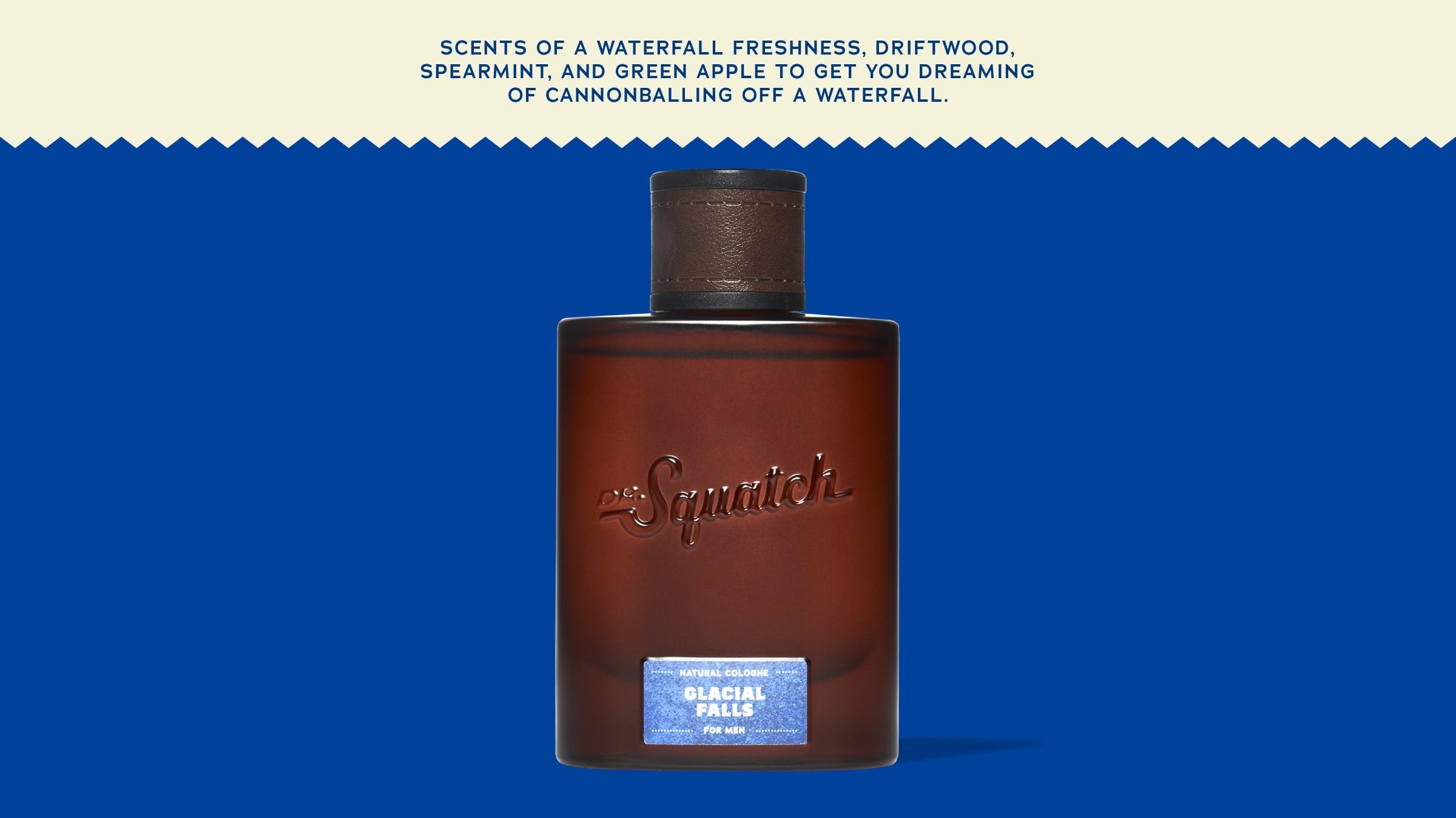 Brand and ingredient story panel for Dr. Squatch Glacial Falls Cologne