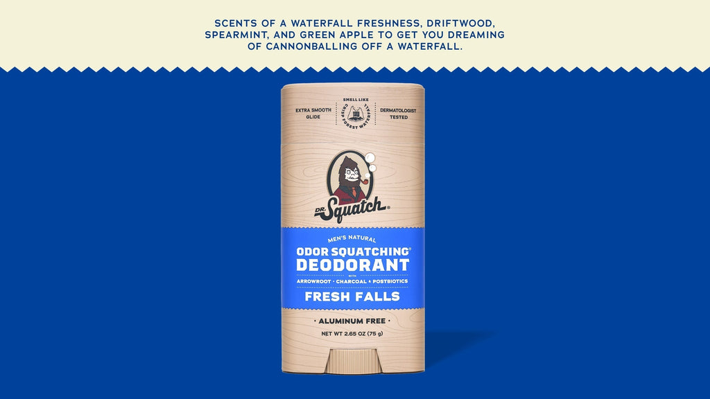 Brand and ingredient story panel for Dr. Squatch Fresh Falls Deodorant