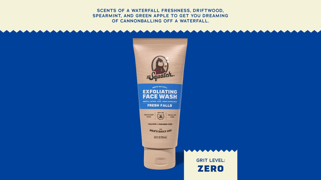 Brand and ingredient story panel for Dr. Squatch Fresh Falls Exfoliating Face Wash