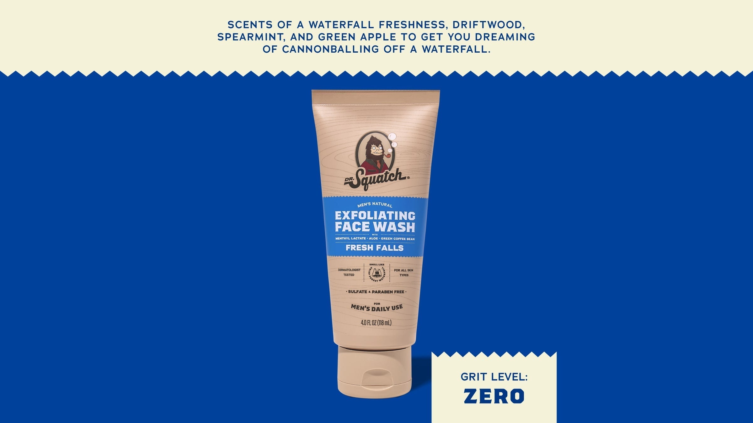 Brand and ingredient story panel for Dr. Squatch Fresh Falls Exfoliating Face Wash