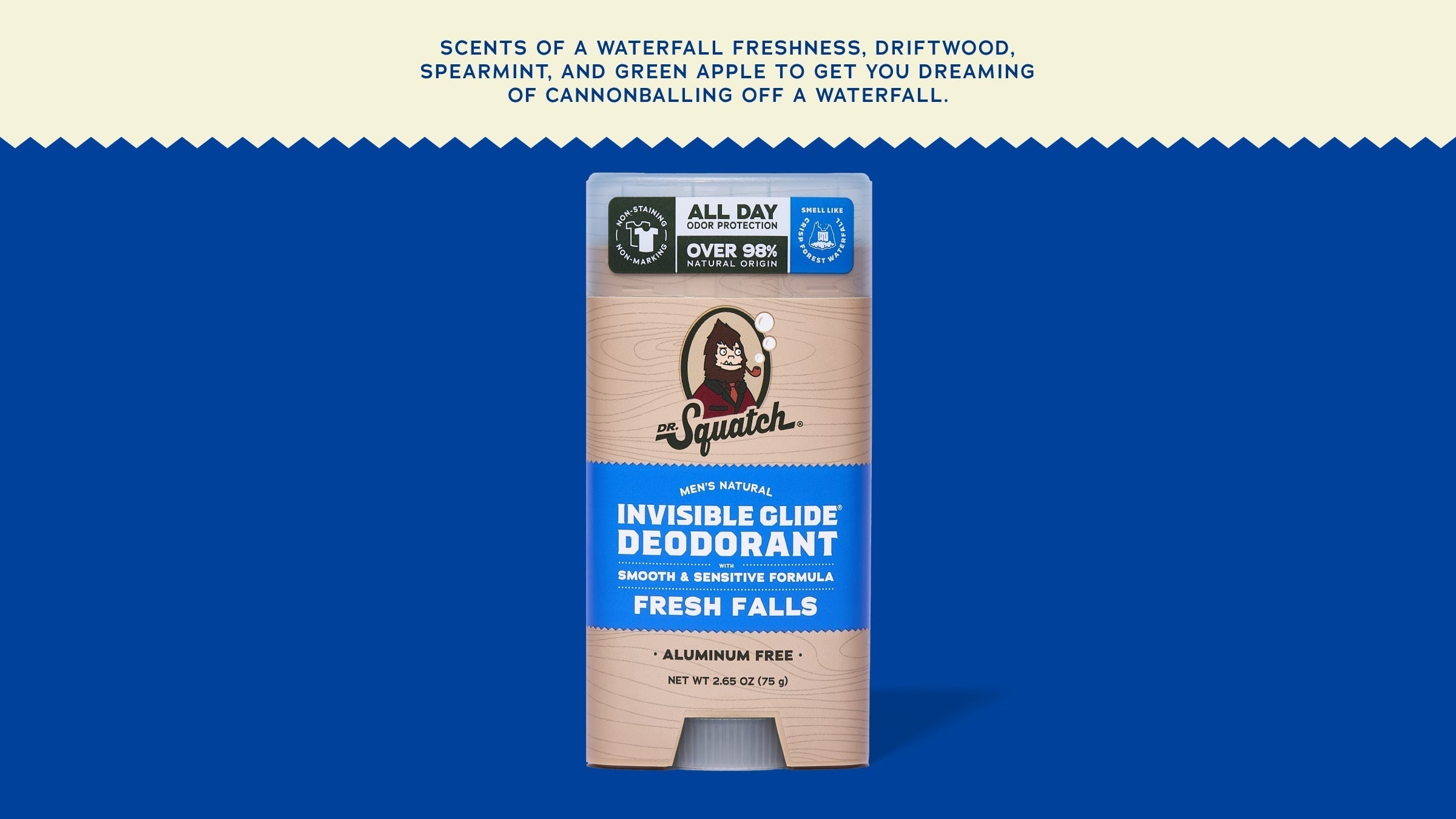 Brand and ingredient story panel for Dr. Squatch Fresh Falls Invisible Glide Deodorant