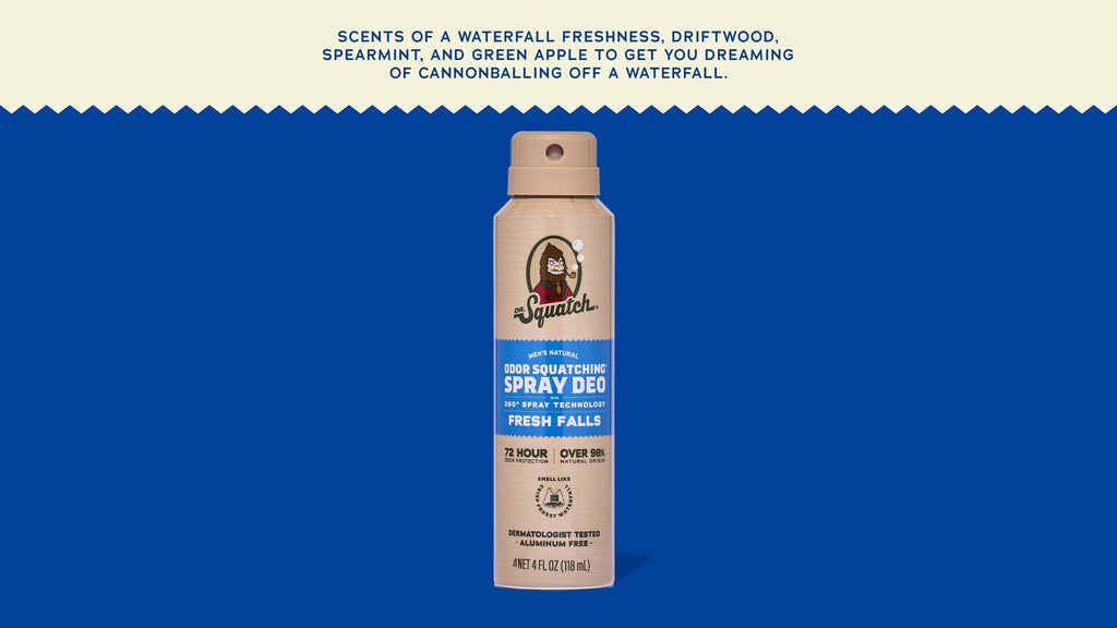 Brand and ingredient story panel for Dr. Squatch Fresh Falls Spray Deodorant