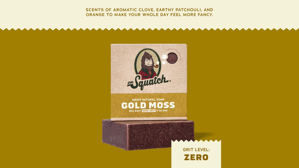 Brand and ingredient story panel for Dr. Squatch Gold Moss bar soap