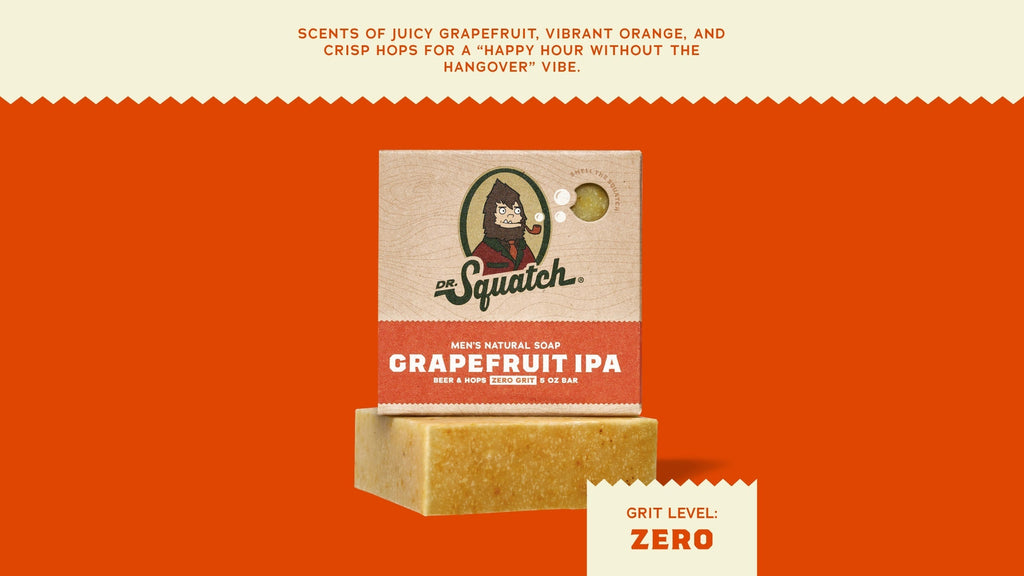 Brand and ingredient story panel for Dr. Squatch Grapefruit IPA bar soap