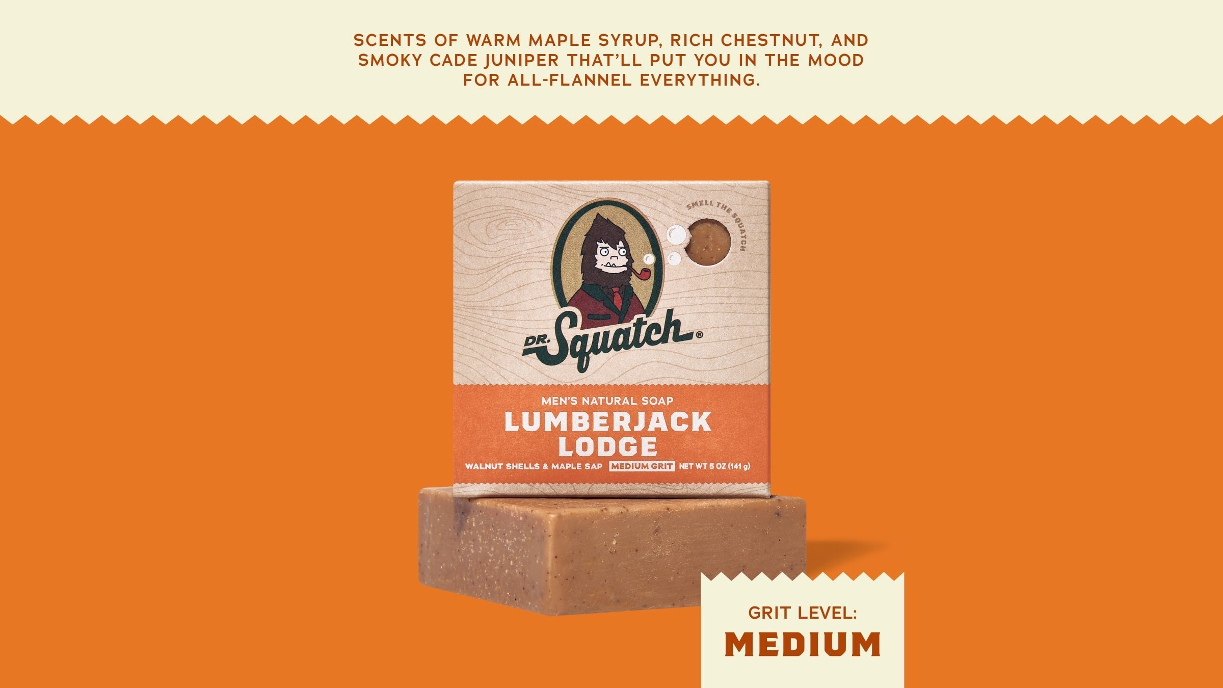 Brand and ingredient story panel for Dr. Squatch Lumberjack Lodge bar soap