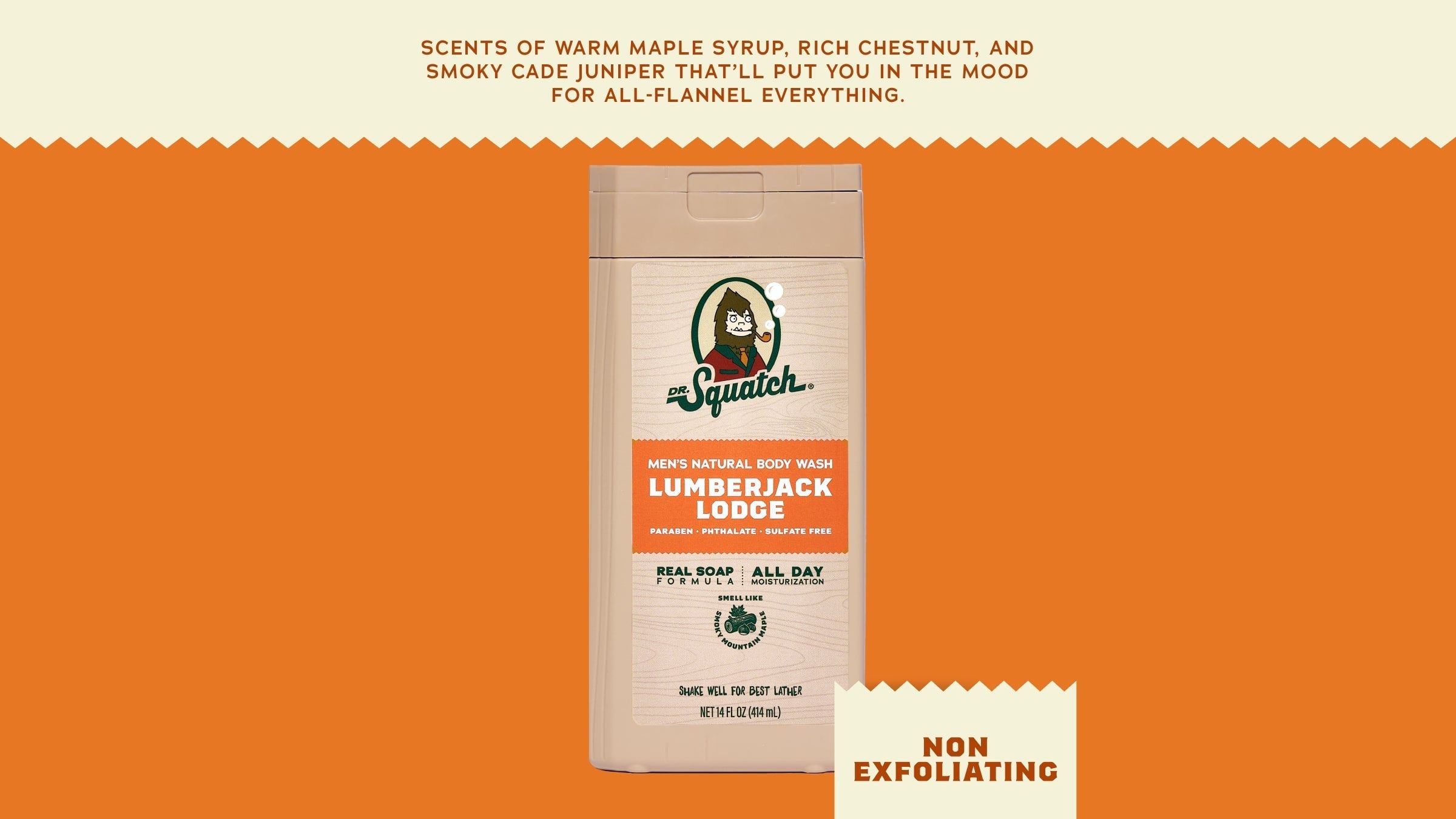 Brand and ingredient story panel for Dr. Squatch 14 oz Lumberjack Lodge Body Wash