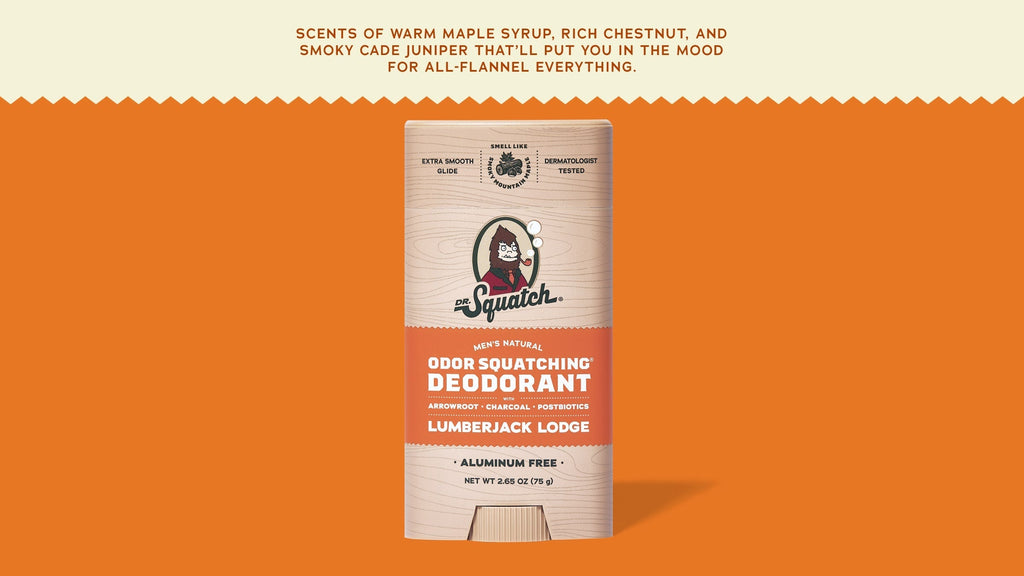 Brand and ingredient story panel for Dr. Squatch Lumberjack Lodge Deodorant