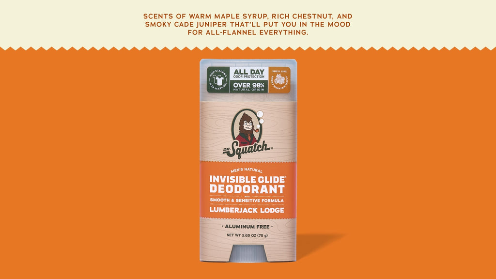 Brand and ingredient story panel for Dr. Squatch Lumberjack Lodge Invisible Glide Deodorant