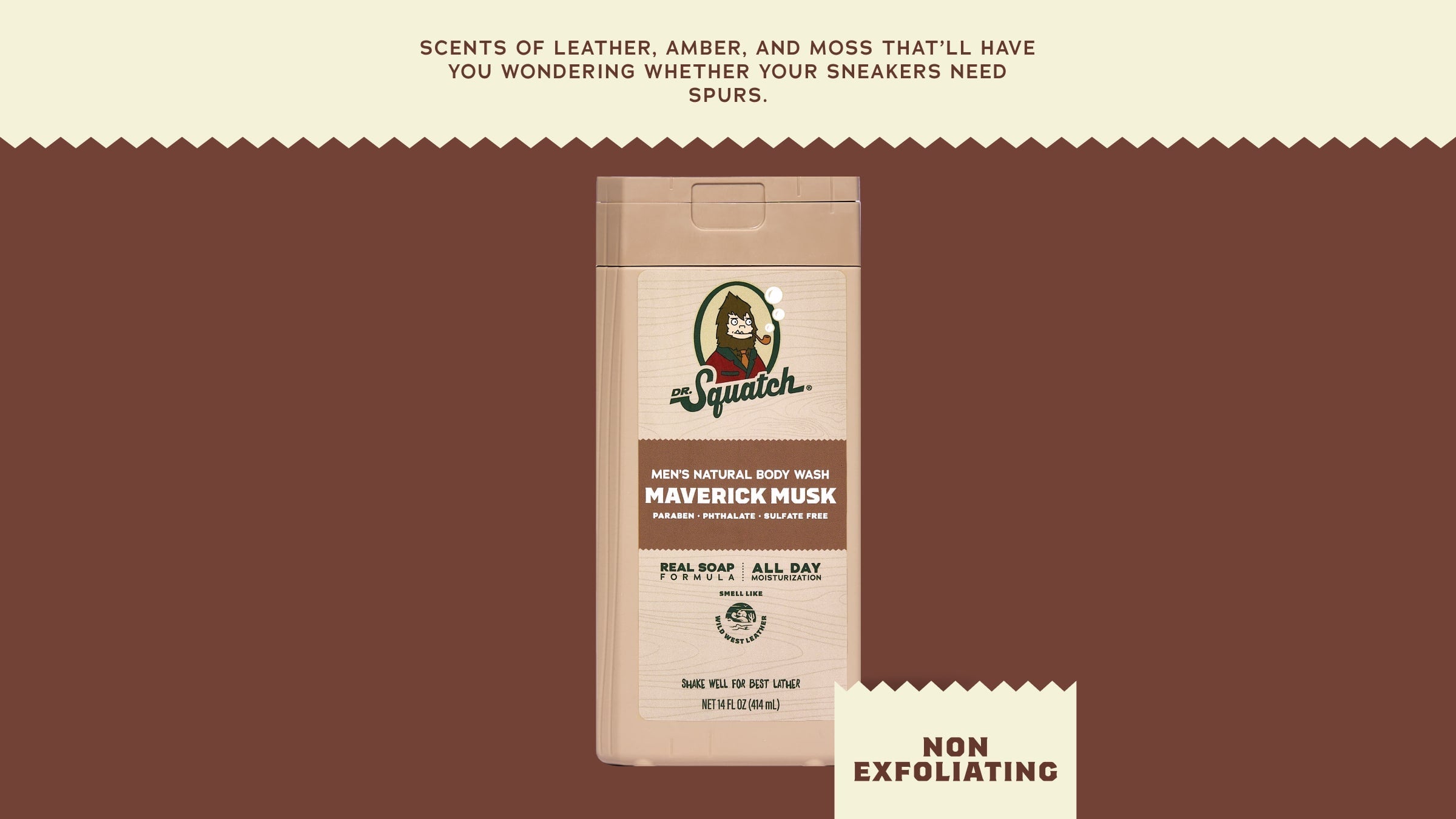 Brand and ingredient story panel for Dr. Squatch 14 oz Maverick Musk Body Wash