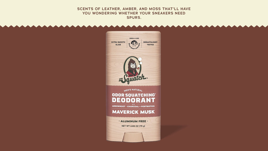 Brand and ingredient story panel for Dr. Squatch Maverick Musk Deodorant