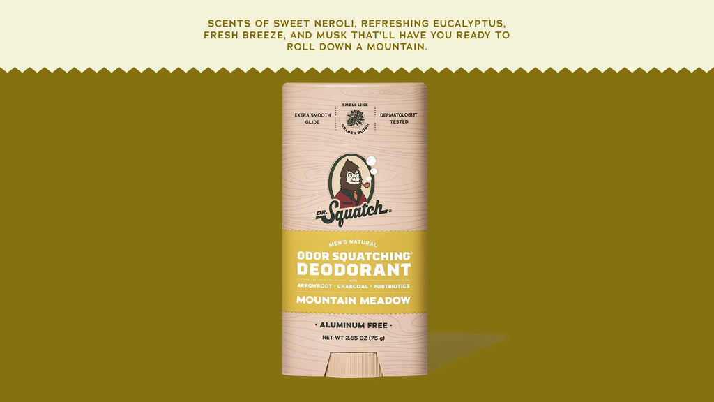 Brand and ingredient story panel for Dr. Squatch Mountain Meadow Deodorant