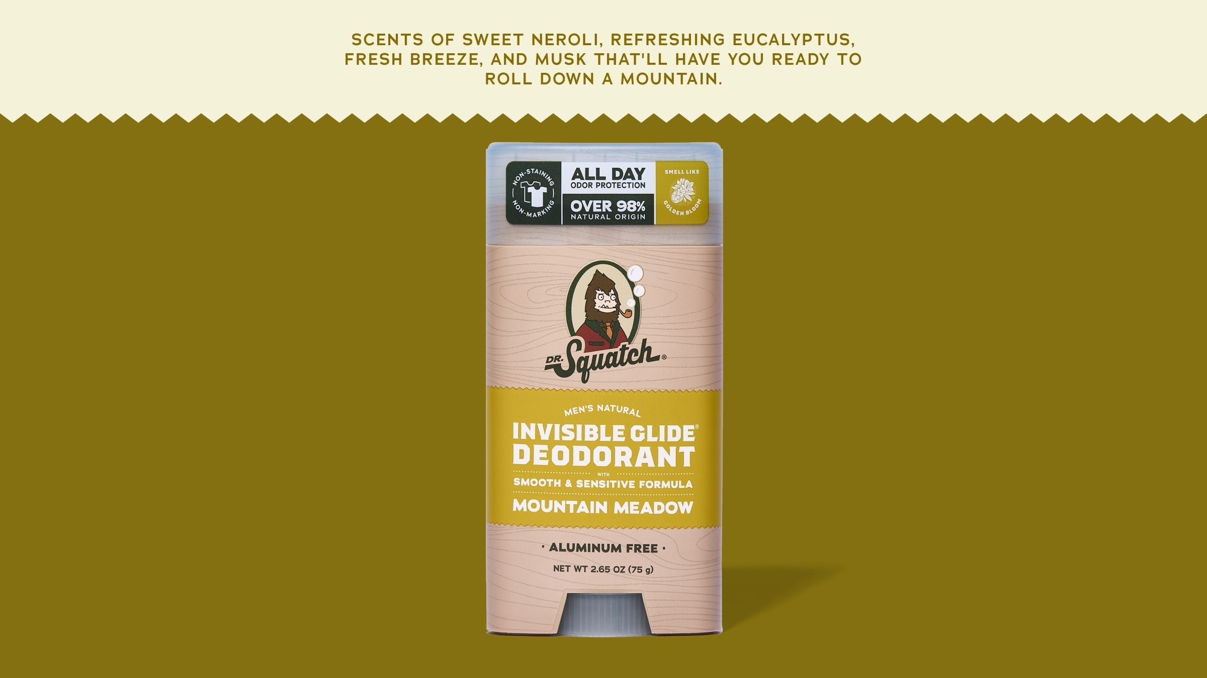 Brand and ingredient story panel for Dr. Squatch Mountain Meadow Invisible Glide Deodorant
