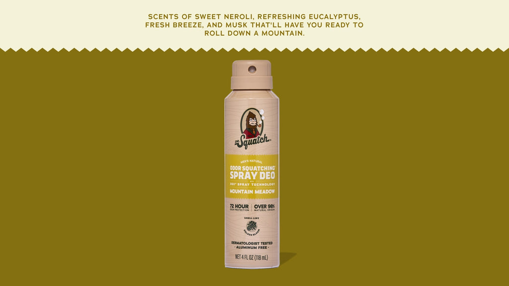 Brand and ingredient story panel for Dr. Squatch Mountain Meadow Spray Deodorant