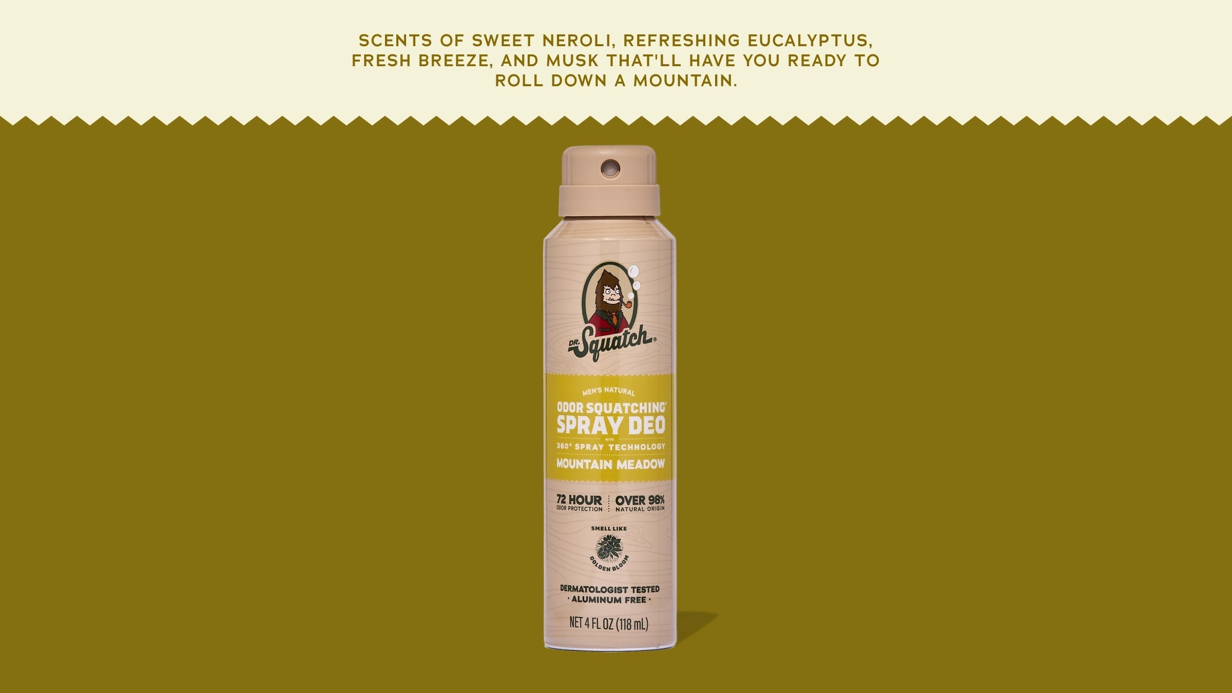 Brand and ingredient story panel for Dr. Squatch Mountain Meadow Spray Deodorant