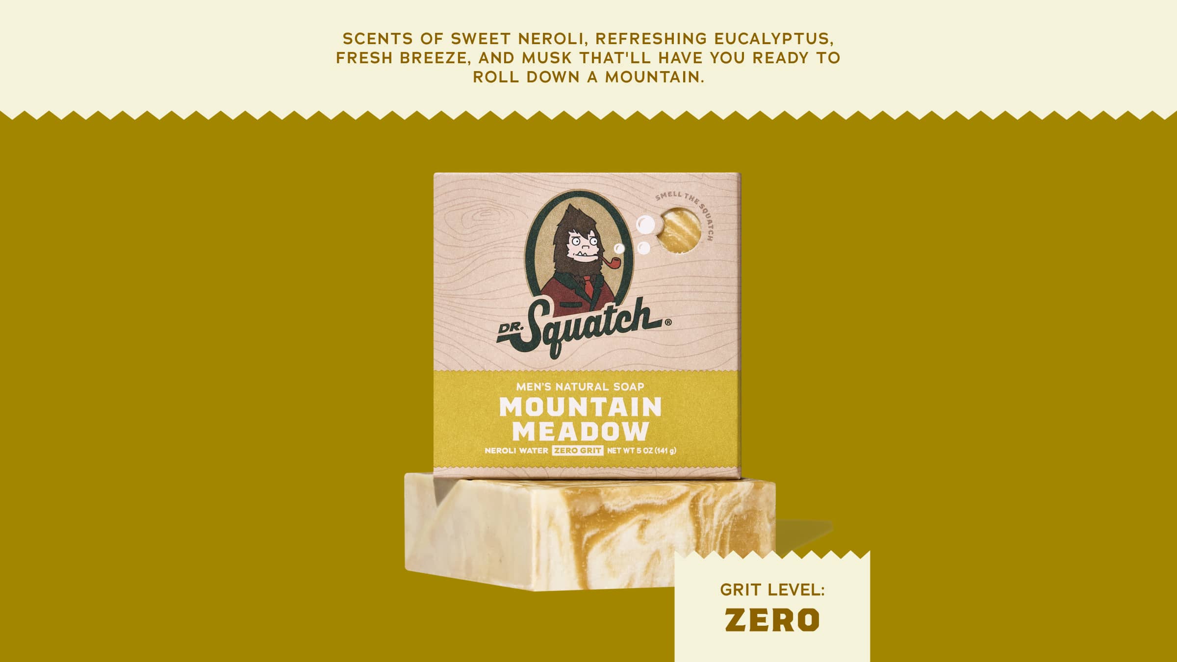 Brand and ingredient story panel for Dr. Squatch Mountain Meadow bar soap