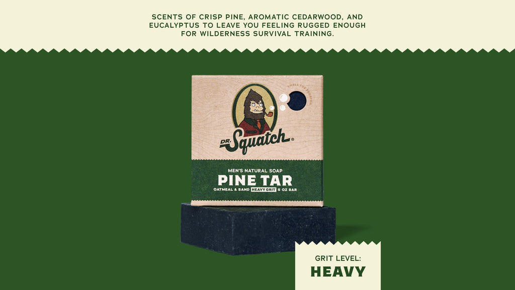 Brand and ingredient story panel for Dr. Squatch Pine Tar bar soap