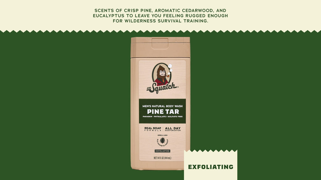 Brand and ingredient story panel for Dr. Squatch 14 oz Pine Tar Exfoliating Body Wash