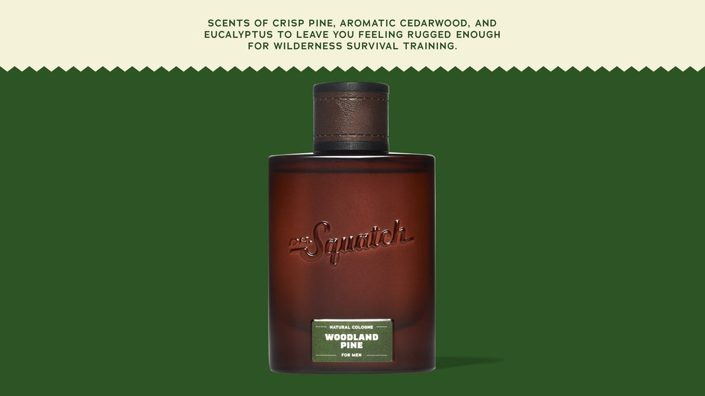 Brand and ingredient story panel for Dr. Squatch Woodland Pine Cologne