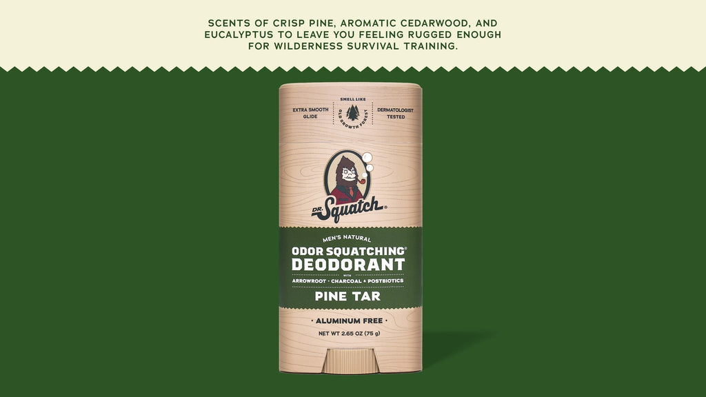 Brand and ingredient story panel for Dr. Squatch Pine Tar Deodorant