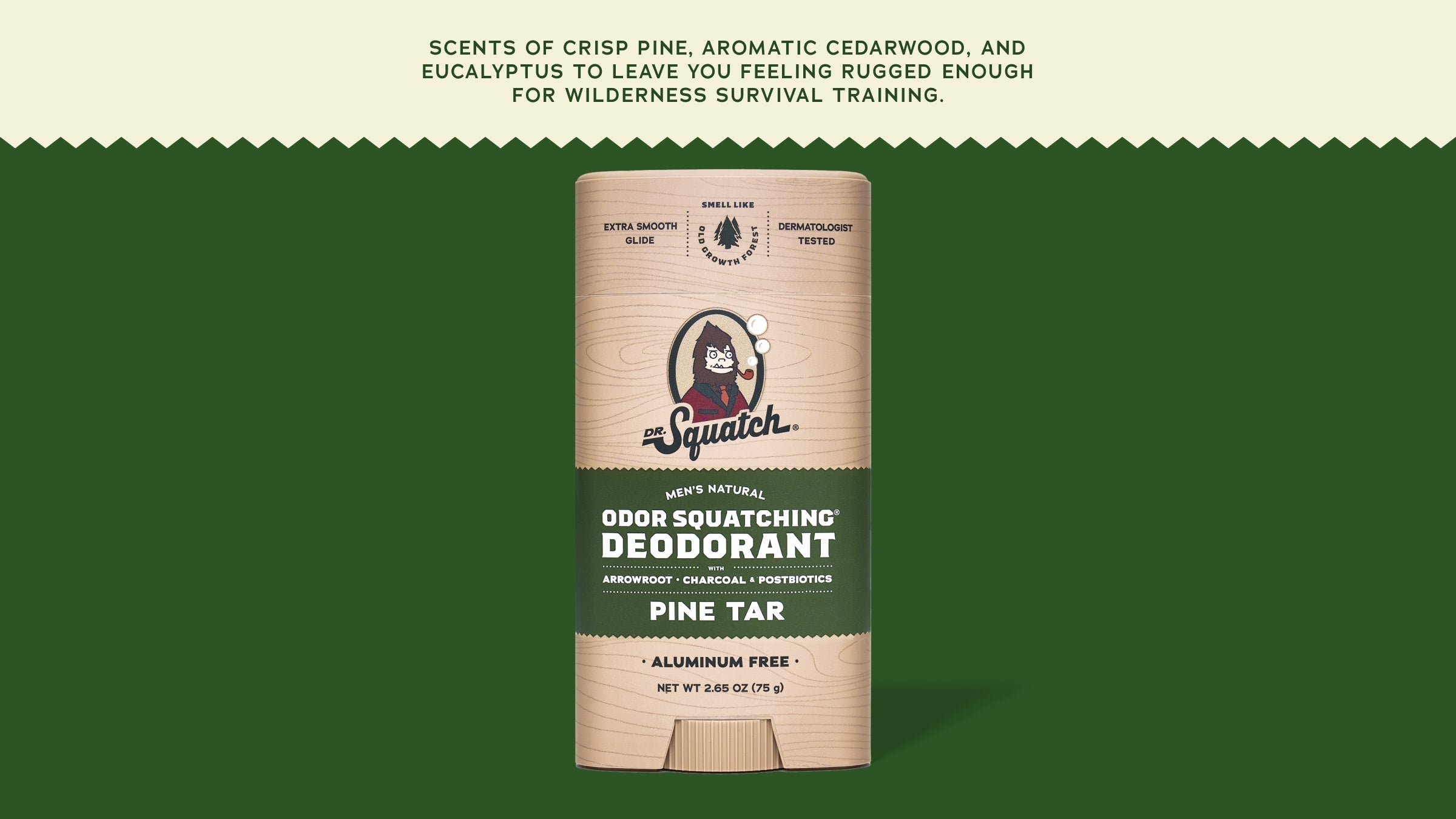 Brand and ingredient story panel for Dr. Squatch Pine Tar Deodorant