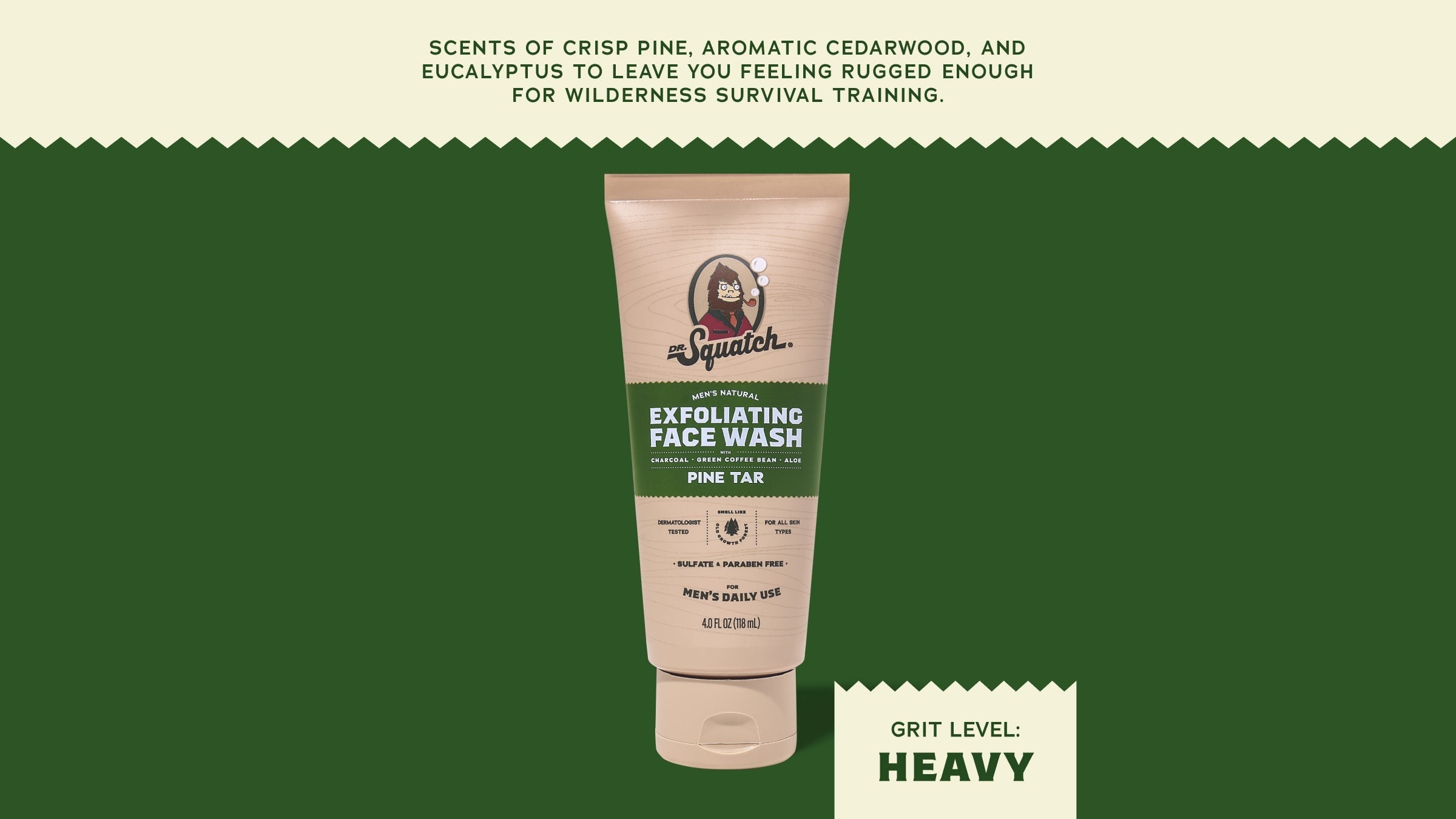 Brand and ingredient story panel for Dr. Squatch Pine Tar Exfoliating Face Wash