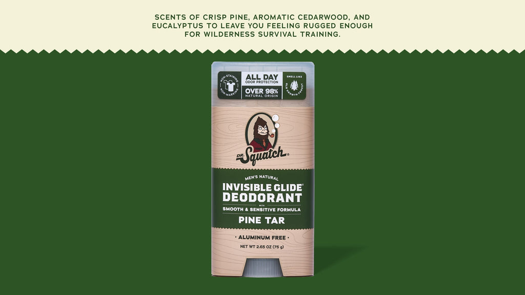 Brand and ingredient story panel for Dr. Squatch Pine Tar Invisible Glide Deodorant