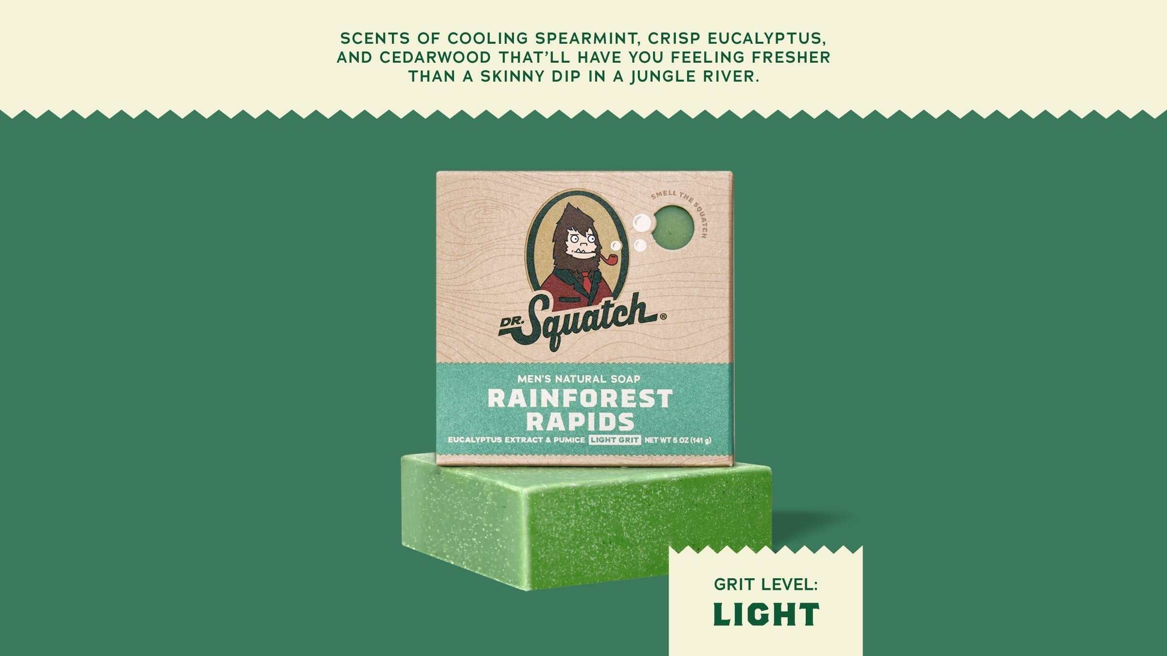 Brand and ingredient story panel for Dr. Squatch Rainforest Rapids bar soap