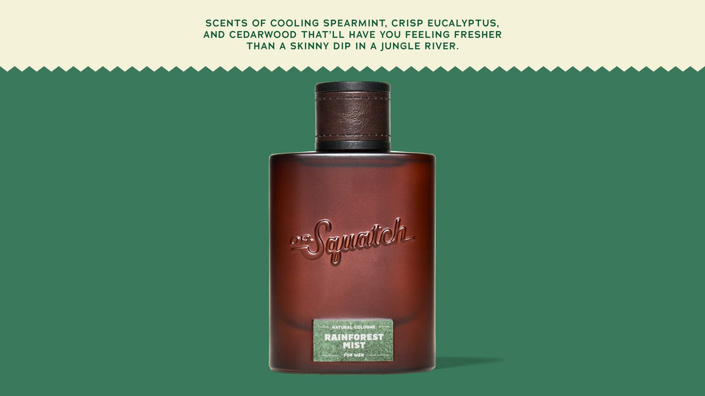 Brand and ingredient story panel for Dr. Squatch Rainforest Mist Cologne