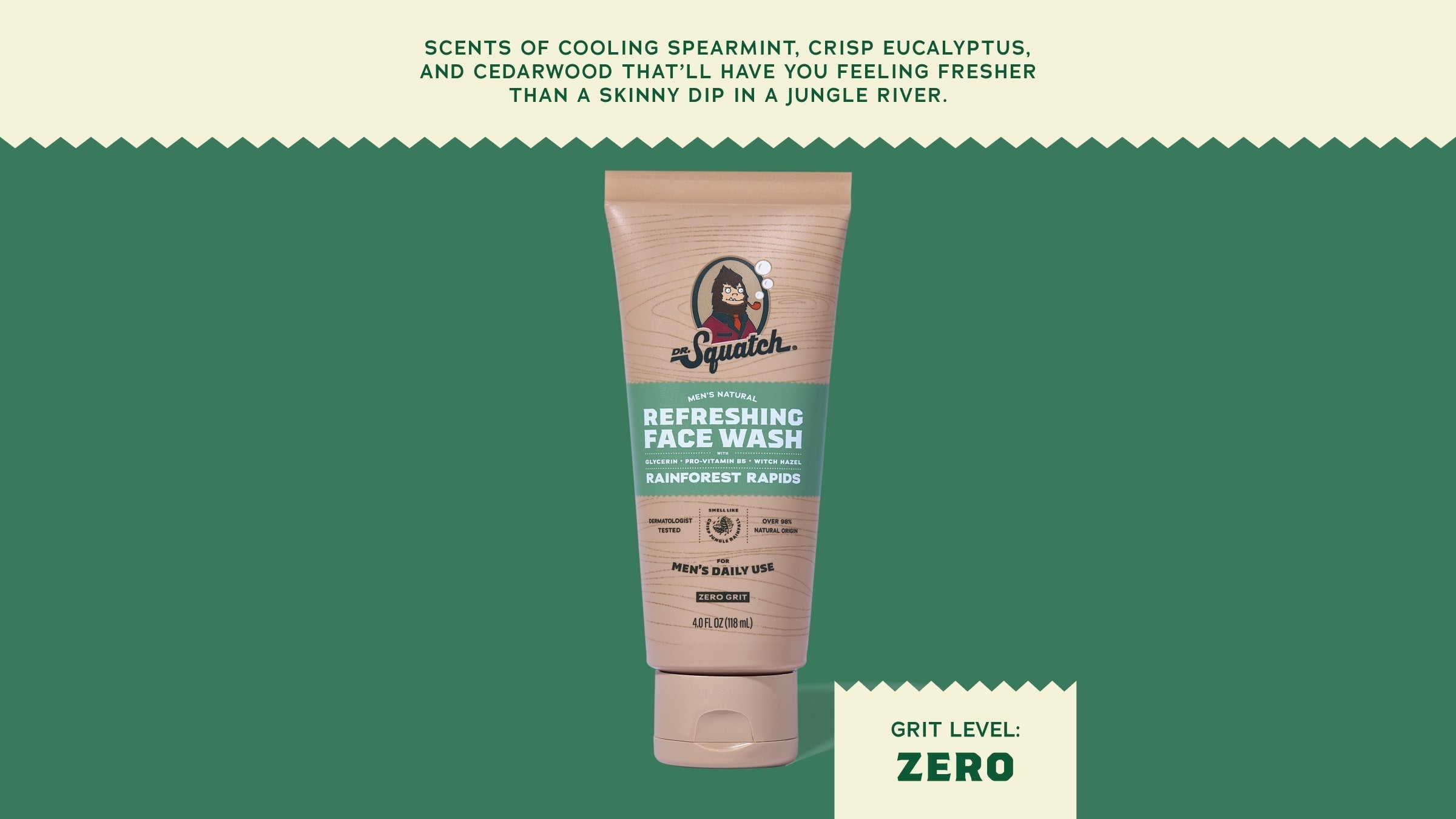 Brand and ingredient story panel for Dr. Squatch Rainforest Rapids Refreshing Face Wash