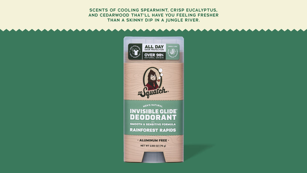 Brand and ingredient story panel for Dr. Squatch Rainforest Rapids Invisible Glide Deodorant