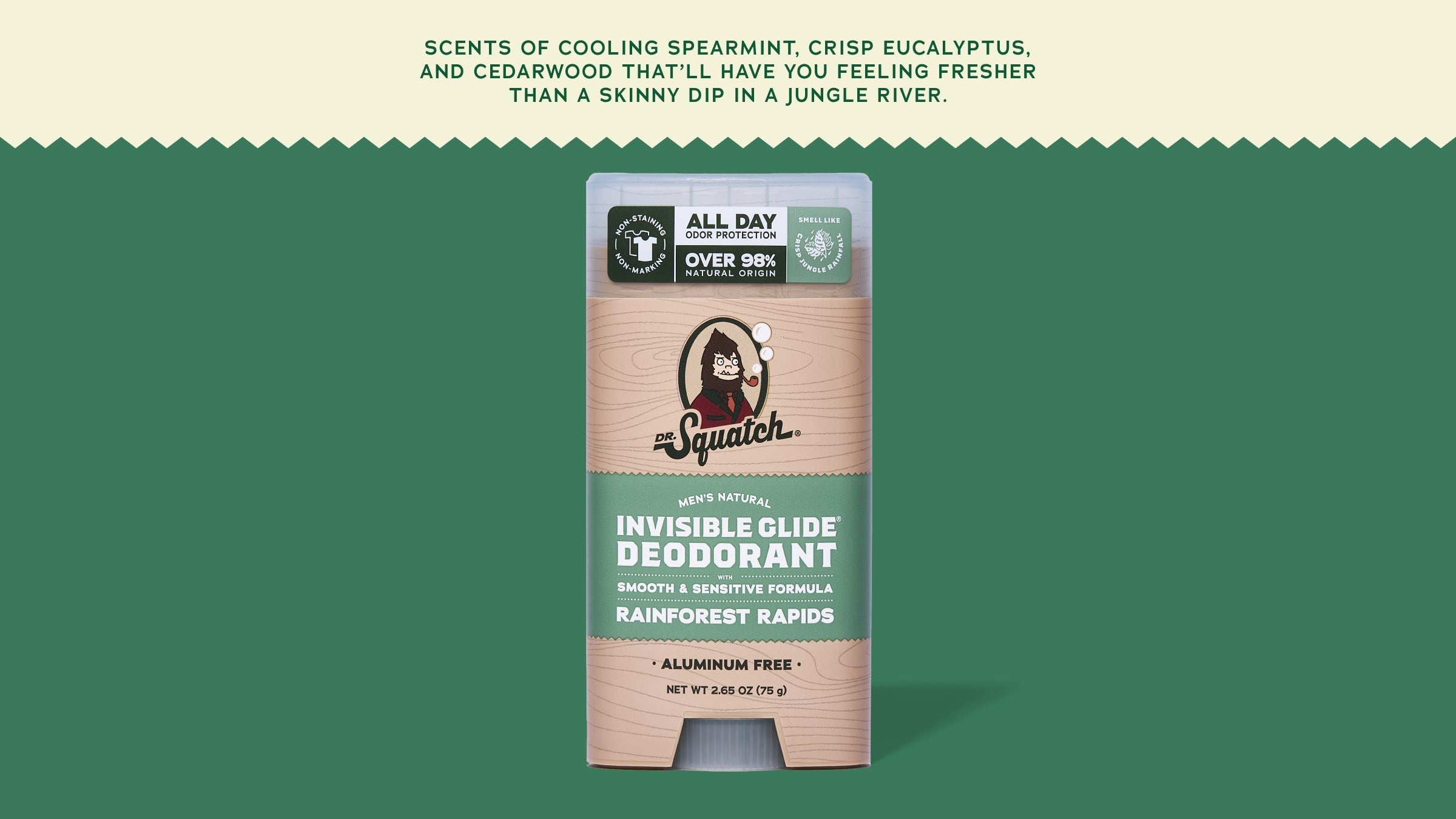 Brand and ingredient story panel for Dr. Squatch Rainforest Rapids Invisible Glide Deodorant