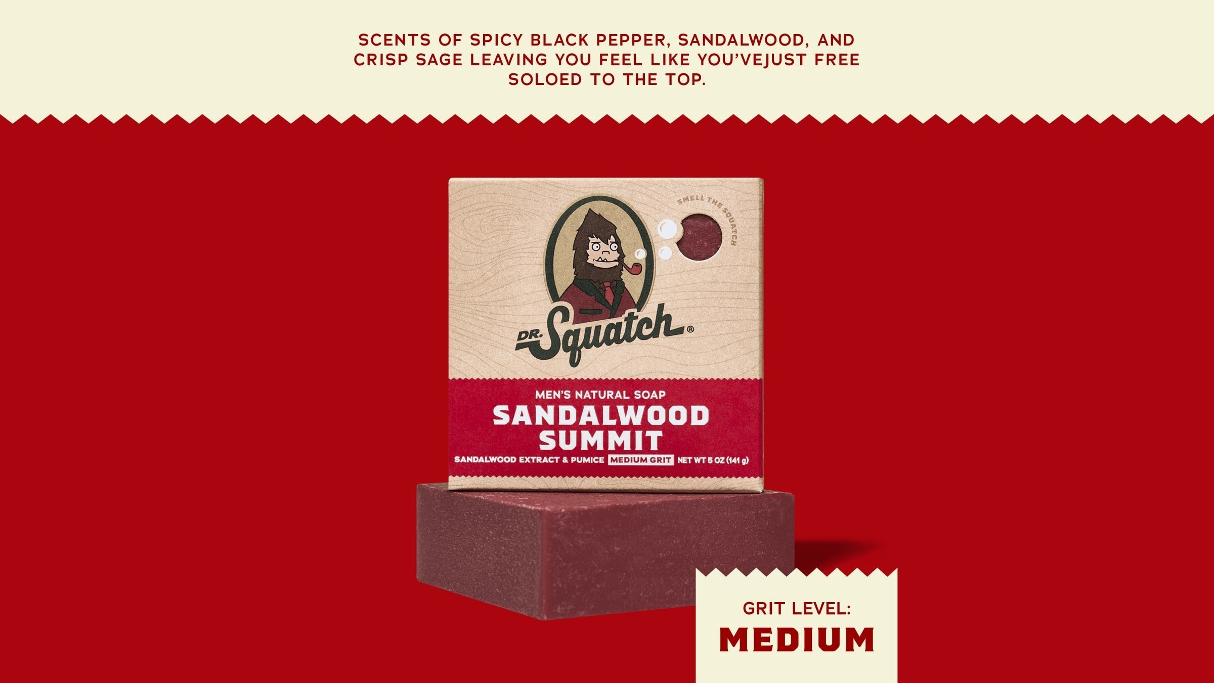 Brand and ingredient story panel for Dr. Squatch Sandalwood Summit bar soap