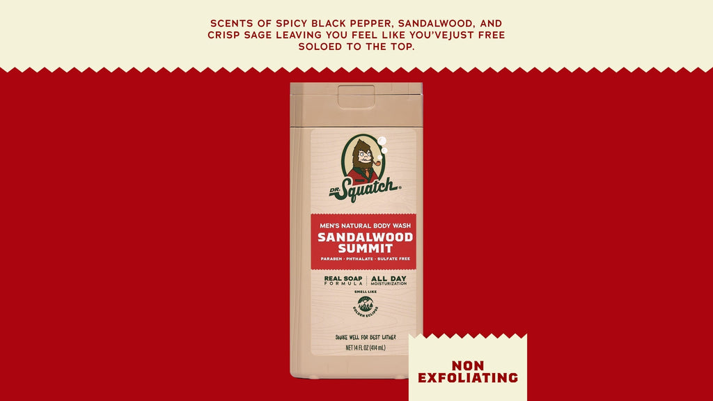 Brand and ingredient story panel for Dr. Squatch 14 oz Sandalwood Summit Body Wash