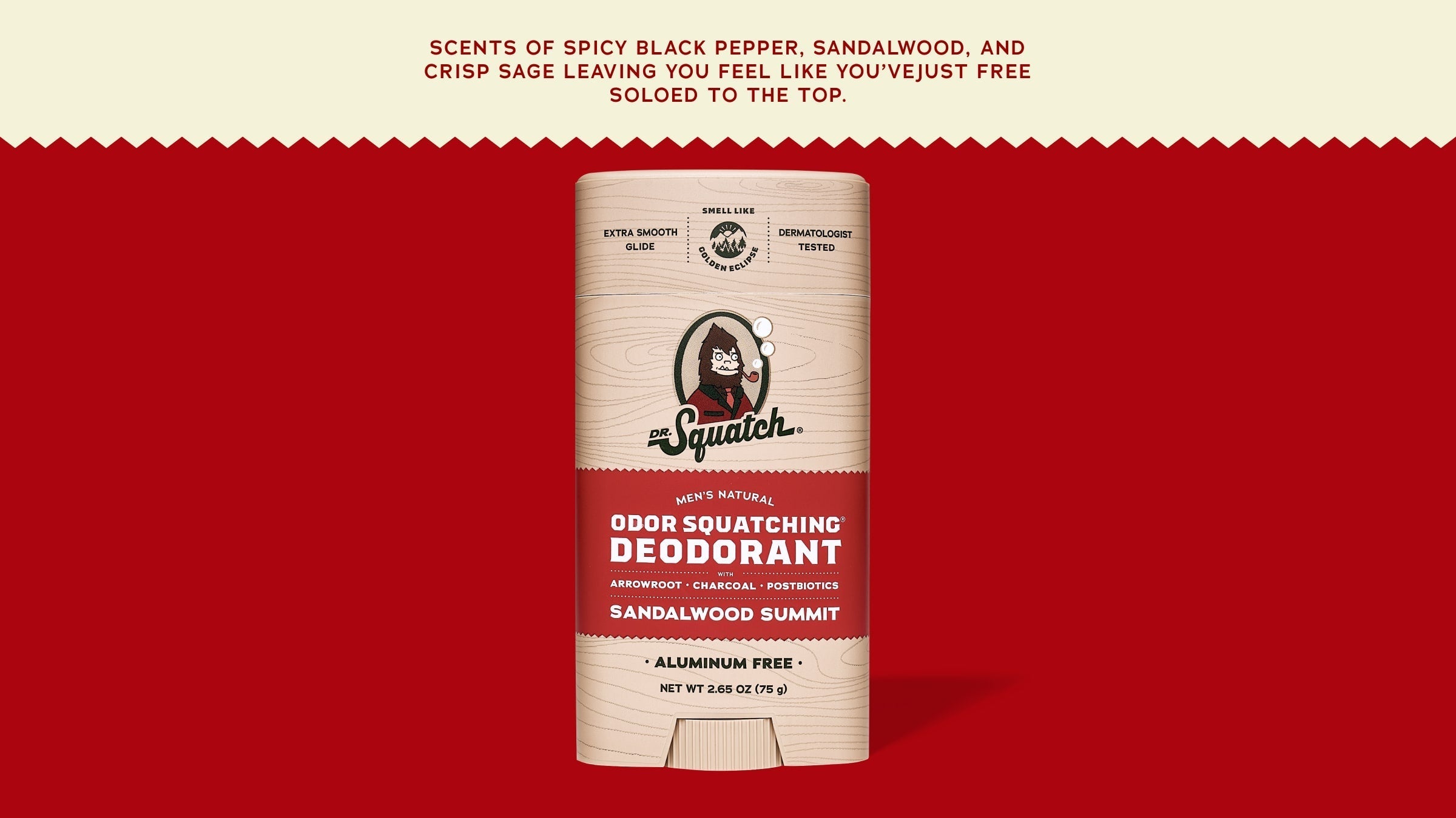 Brand and ingredient story panel for Dr. Squatch Sandalwood Summit Deodorant
