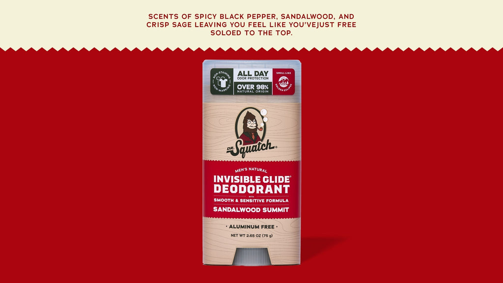 Brand and ingredient story panel for Dr. Squatch Sandalwood Summit Invisible Glide Deodorant