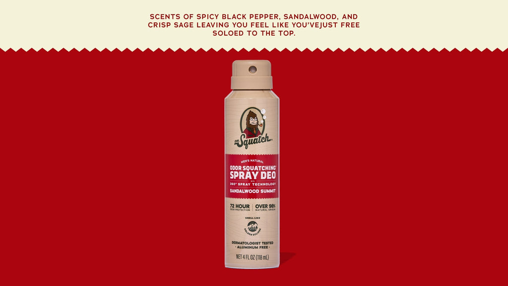 Brand and ingredient story panel for Dr. Squatch Sandalwood Summit Spray Deodorant