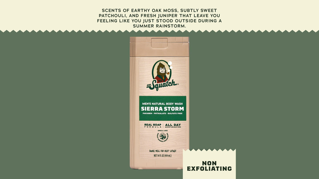 Brand and ingredient story panel for Dr. Squatch 14 oz Sierra Storm Body Wash