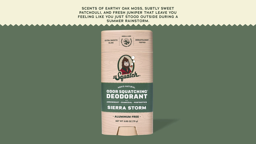 Brand and ingredient story panel for Dr. Squatch Sierra Storm Deodorant