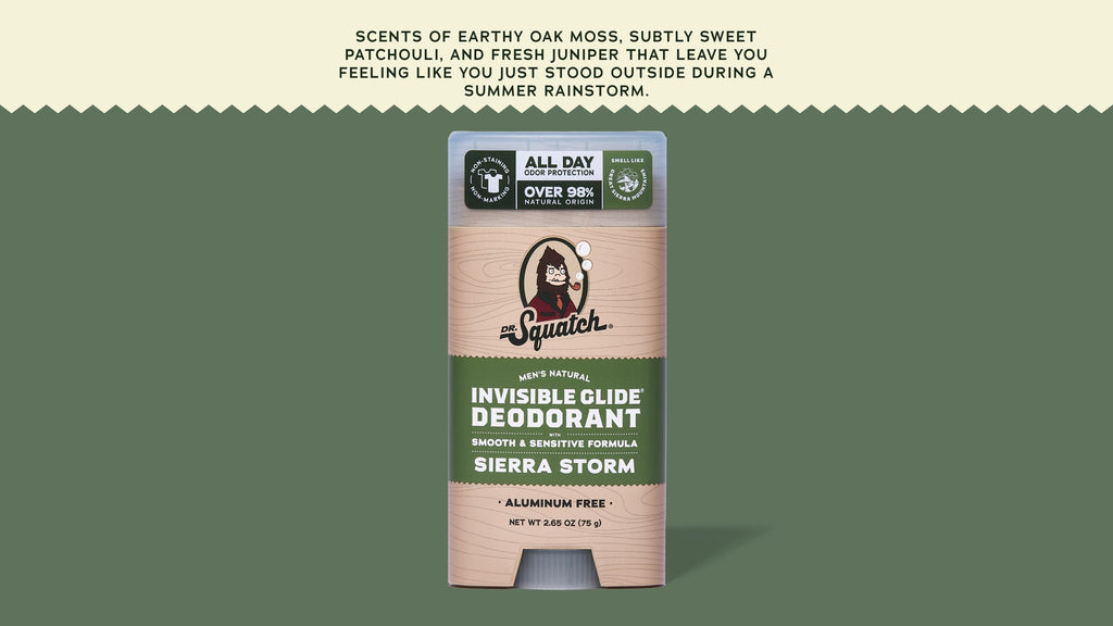 Brand and ingredient story panel for Dr. Squatch Sierra Storm Invisible Glide Deodorant