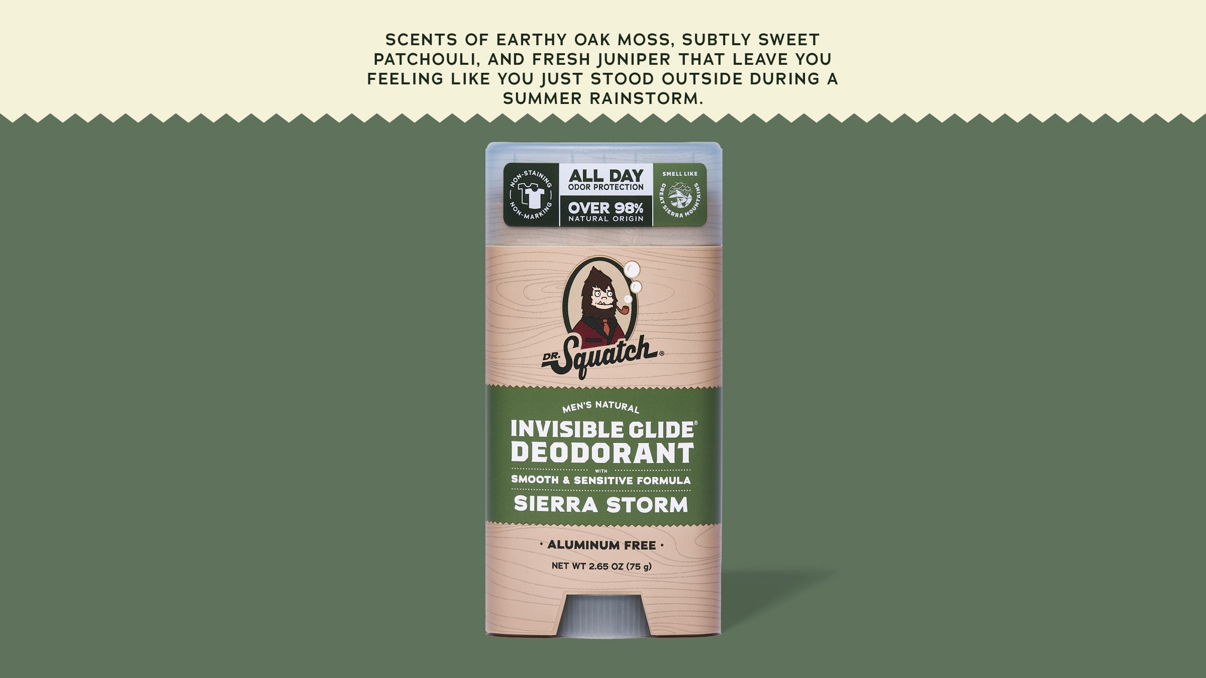 Brand and ingredient story panel for Dr. Squatch Sierra Storm Invisible Glide Deodorant
