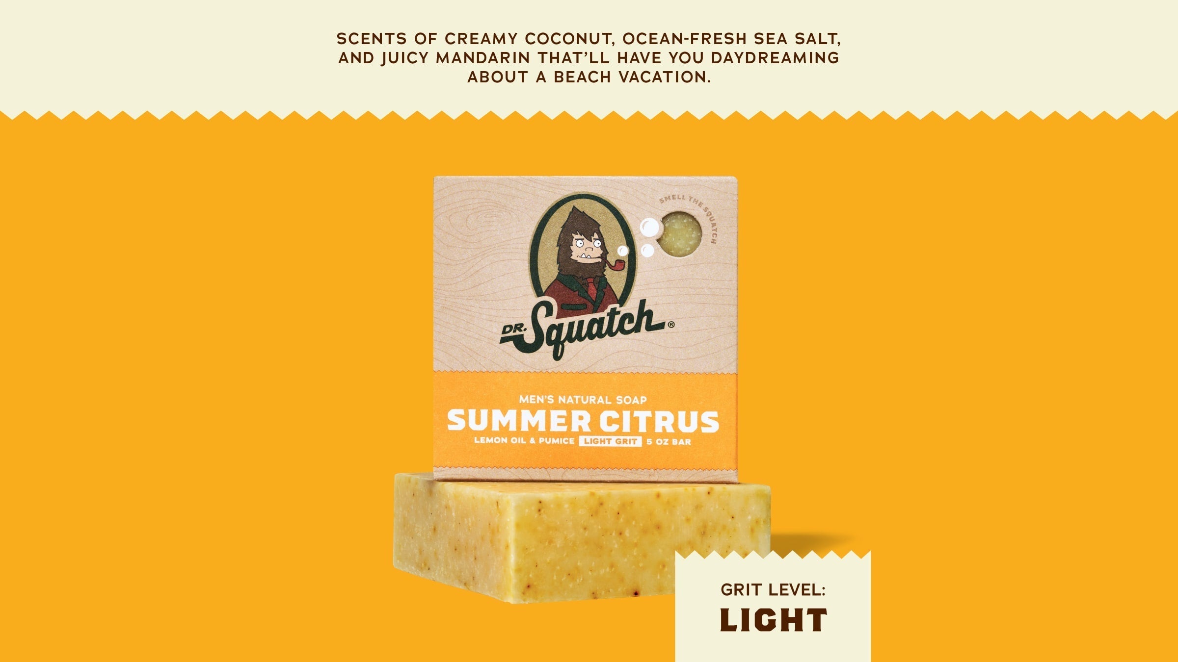 Brand and ingredient story panel for Dr. Squatch Summer Citrus bar soap