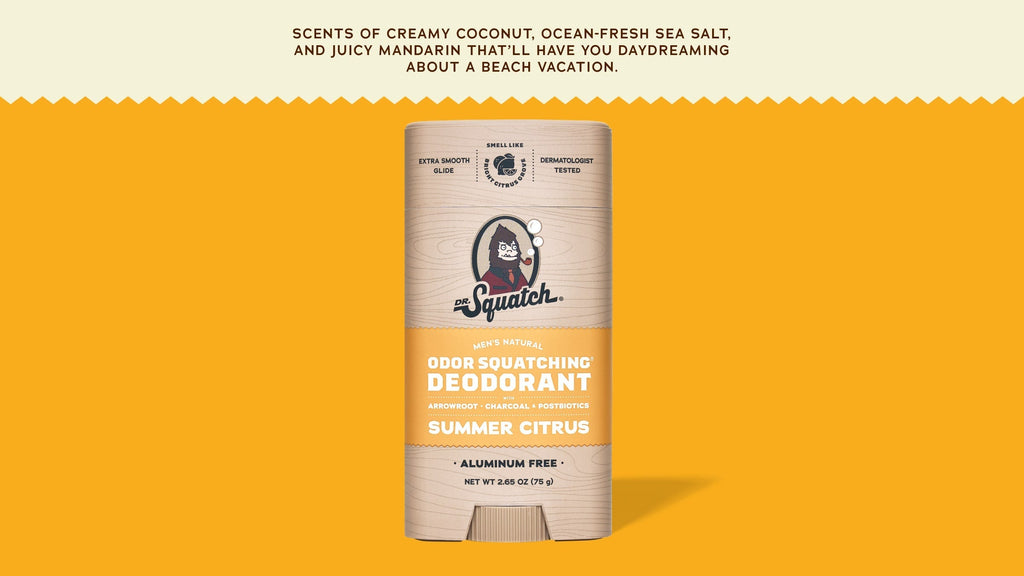 Brand and ingredient story panel for Dr. Squatch Summer Citrus Deodorant