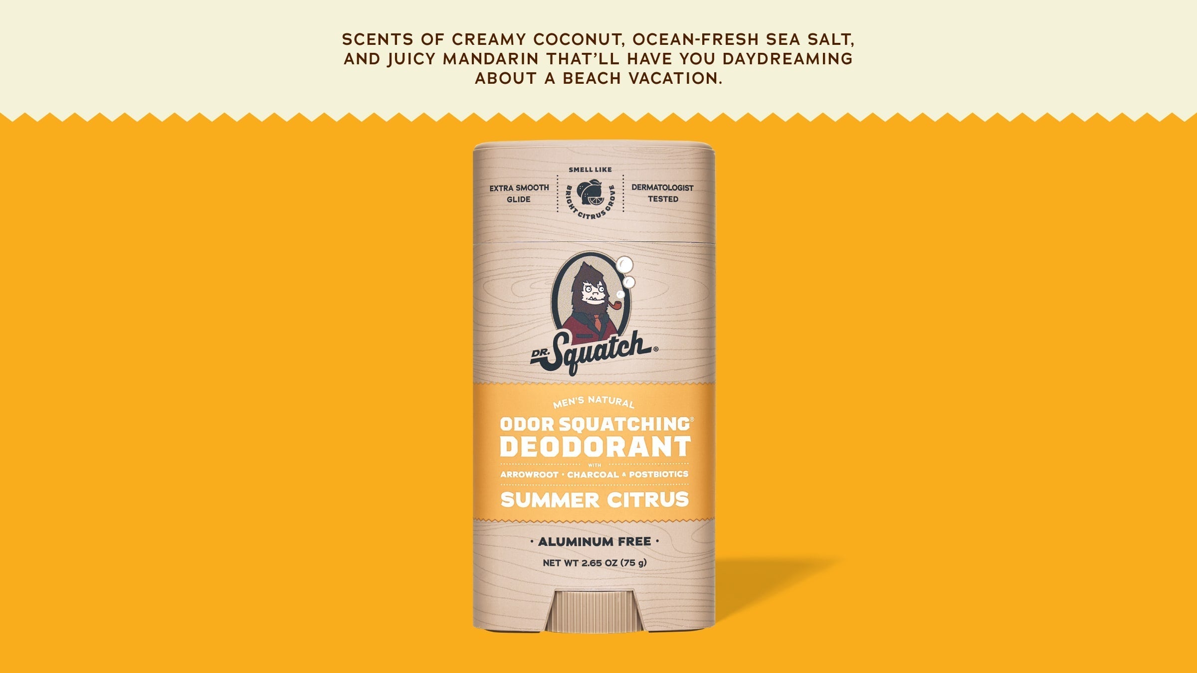 Brand and ingredient story panel for Dr. Squatch Summer Citrus Deodorant